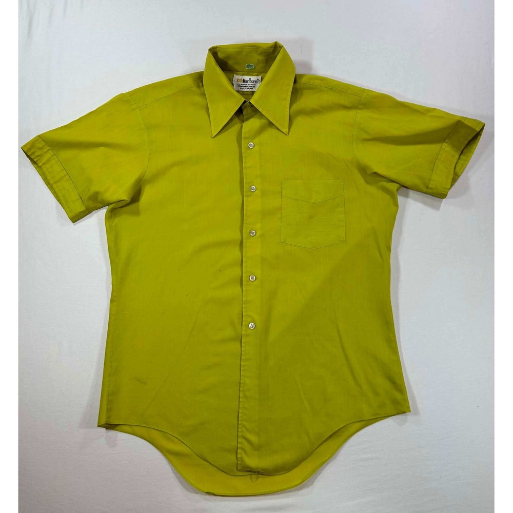 Vintage Marlboro Mens Chartreuse Green Short Sleeve Button Down Shirt 15.5 M
